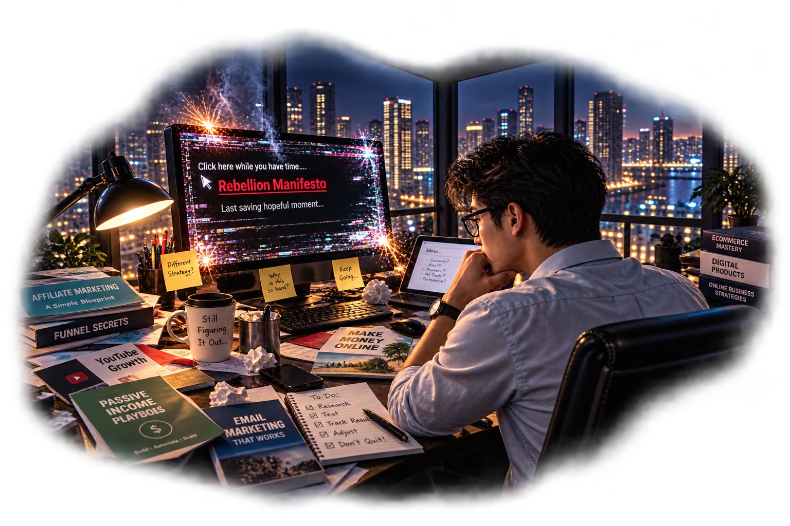 A marketer working alone late at night surrounded by courses, notes and plans while his screen begins to glitch
