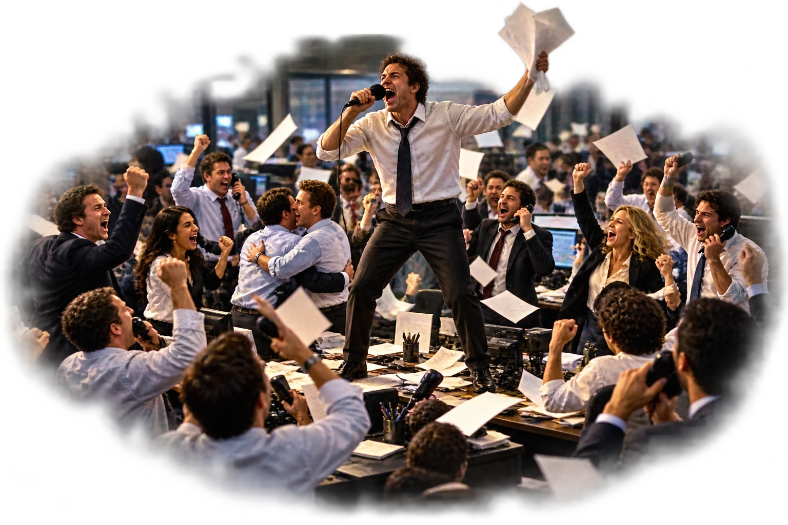 A sales floor erupting after a real-world result — phones, raised fists, papers in the air