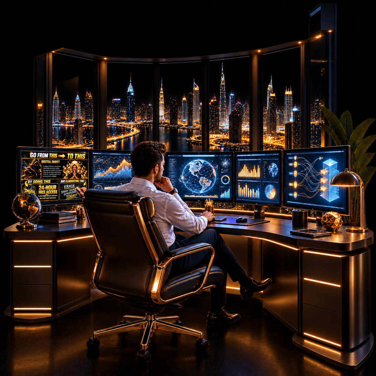 A strategist seated at a curved desk of five monitors in a dark, gold-lit command centre overlooking a city at night, a hooded Digital Ghost figure rising behind the screens