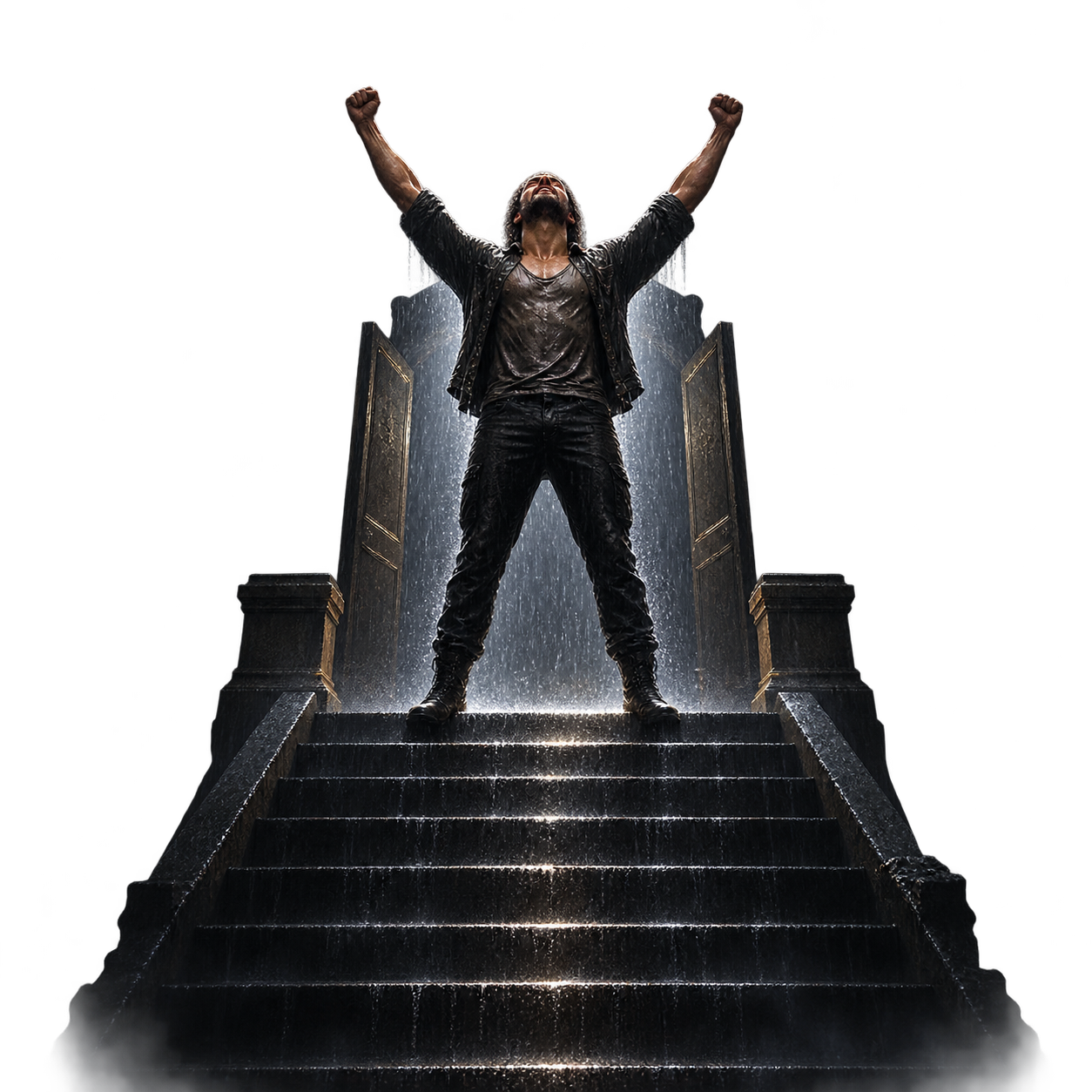 A person standing at the top of a stone staircase, arms raised, rain falling around them.