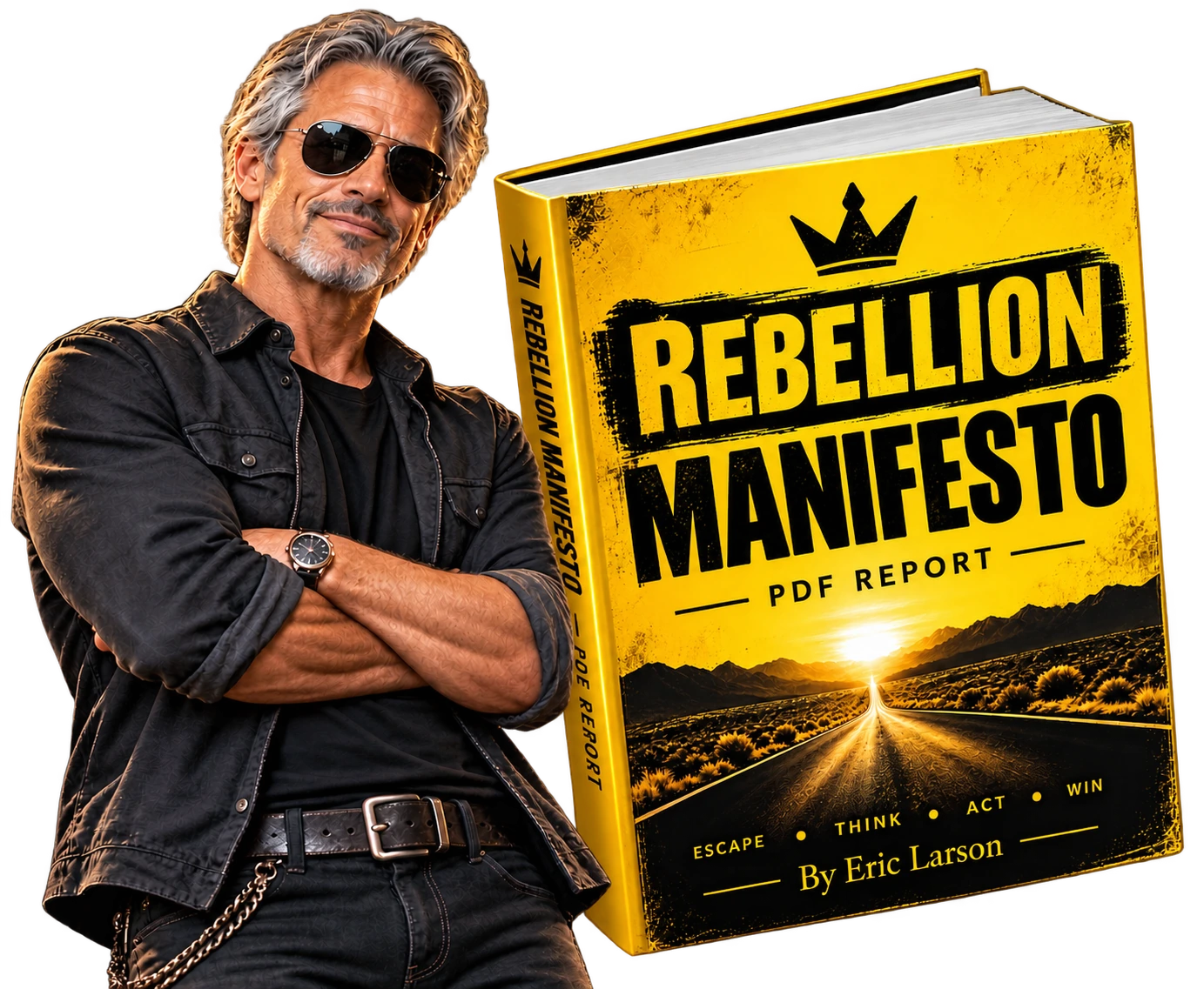 Rebellion Manifesto — PDF report by Eric Larson, book mockup beside the manifesto heading